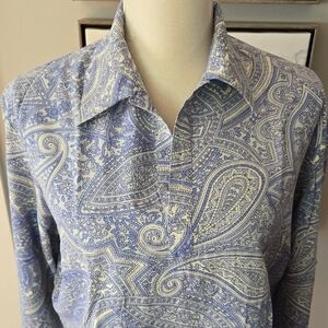 Vintage Silk Women's Medium 100% Silk Paisley Blue White Long Sleeve Blouse